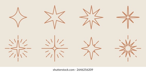 Set of eight star icons in brown outline. Each star icon features unique geometric shapes. Star icons are ideal for design projects and decorations. Doodle illustrations, vector set.