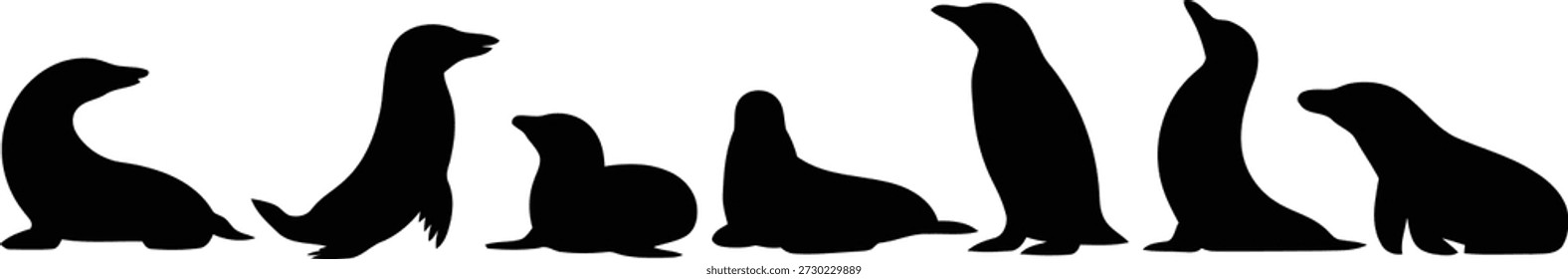 Un conjunto de ocho llamativas siluetas negras de leones marinos y focas, mostrando diferentes posturas sobre un fondo blanco puro.