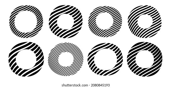 Set of eight striped circles, donuts, isolated on white background. Simple geometric shapes. Vector geometric flat design elements.
