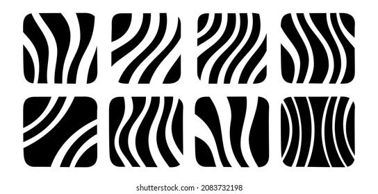 Set of eight striped square shapes with rounded corners, isolated on white background. Wavy stripes. Vector geometric flat design elements.