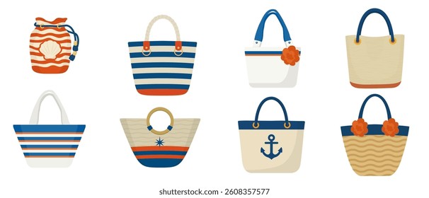 Set of Eight Stylish Summer Beach Bags with Nautical and Floral Designs