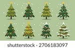 A set of eight stylized Christmas trees, each adorned with ornaments and lights, set against a light green background with falling snowflakes.