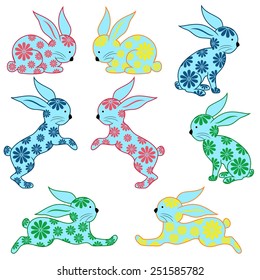 Set of eight stylized colorful Easter ornamental rabbits isolated on a white background, hand drawing vector illustration