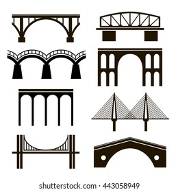 Set of eight stylized images of bridges. Black silhouettes of different styles on a white background. Arch, cable-stayed, hanging, rail and viaduct.