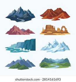 A set of eight stylized mountain illustrations showcasing varied terrains, colors, and environments, ideal for travel, adventure, or nature-themed designs.