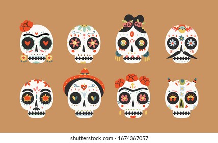 Set of eight Sugar Skulls. Fancy skeleton heads. Various ornaments. Hand Drawn Vector illustration. Mexican Day of the Dead. Dia de los muertos. Halloween decoration. All elements are isolated