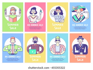 Set of eight summer sale cards with cute line art vector men and women. Fashion stale discount.