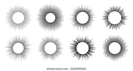 Set of eight sun symbols. Black sun rays on white background. Vector illustration