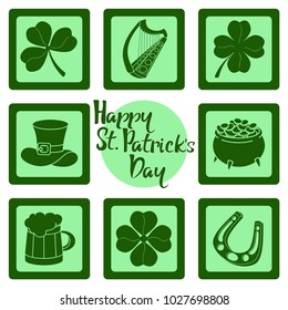 Set of eight symbols of Saint Patrick's Day. Celtic harp, Leprechaun's hat, pot with coins, beer mug, horseshoe and three types of clover. Vector illustration.