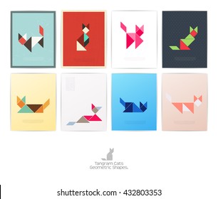 Set of eight tangram cats. geometric shapes, Vector illustration