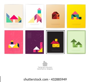 Set of eight tangram houses. geometric shapes, Vector illustration