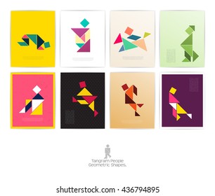 Set of eight tangram people. geometric shapes, Decorative banner with shapes. Vector illustration