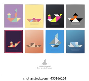 Set of eight tangram ships. geometric shapes. Vector illustration