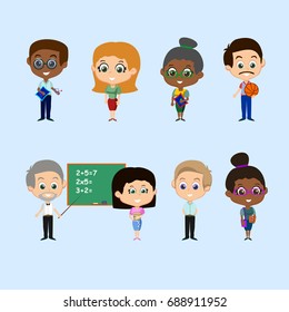 Set of eight teachers silhouette isolated on blue background