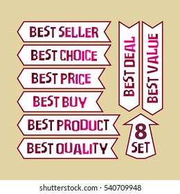 Set of eight templates in the form of arrows with inscriptions - Best seller, choice, price, buy, product, quality, deal, value in maroon color