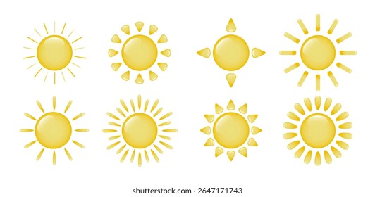 A set of eight three dimensional, cartoon sun icons on a transparent background. A collection of cartoon suns with highlights. Logo, sun sticker. The concept of summer and weather. Vector EPS 10.