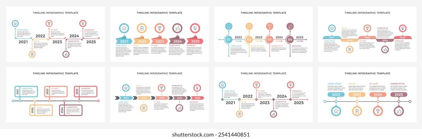 Set of eight timeline infographic templates, vector eps10 illustration