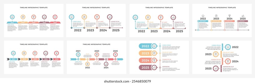 Set of eight timeline infographic templates, vector eps10 illustration