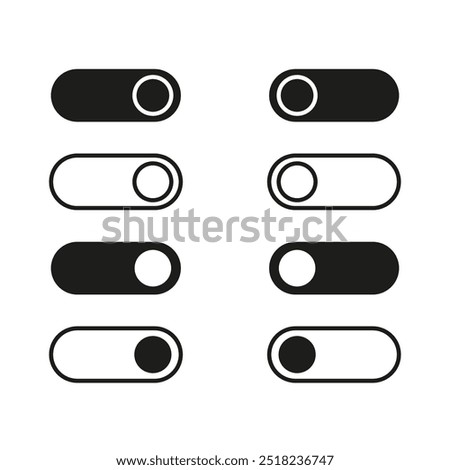 Set of eight toggle switch icons. Black and white vector controls. Simple on and off buttons. User interface concept.