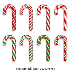 Set of eight traditional christmas candy canes on a white background. High detailed realistic illustration