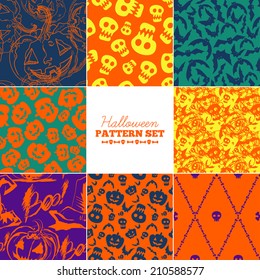 Set of eight trendy seamless Halloween patterns.