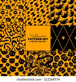 Set of eight trendy seamless Halloween patterns. 