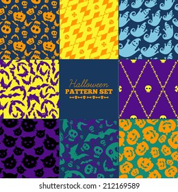 Set of eight trendy seamless Halloween patterns. 