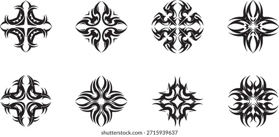 Un conjunto de ocho diseños tribales con simetría de cuatro vías similar a los patrones florales o de trébol para uso decorativo.