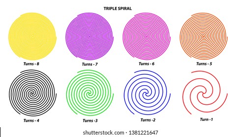 Set of eight triple spirals vector each have different turns and color on white background.