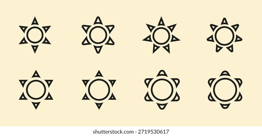 Un conjunto de ocho iconos decorativos únicos de estrellas de 6 puntas con intrincados patrones circulares de estilo mandala en el centro. Perfecto para lujosas marcas, decoraciones festivas, ilustraciones creativas y Diseño gráfico elegante.