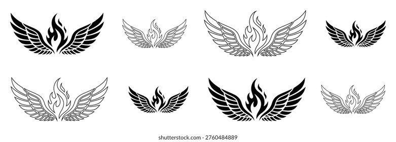 Conjunto de ocho logotipos e iconos únicos del ala de la llama en blanco y negro