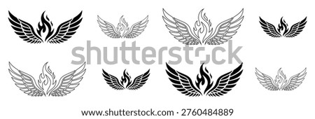 Set of eight unique flame wing logos and icons in black and white