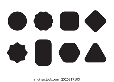 Conjunto de oito formas negras geométricas vetoriais exclusivas isoladas em fundo branco.