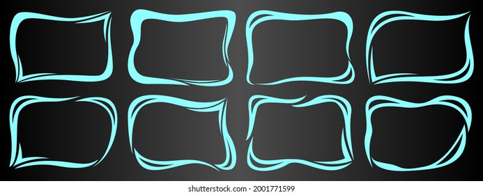 Un conjunto de ocho inusuales marcos azules sobre un fondo negro. Ilustración vectorial.