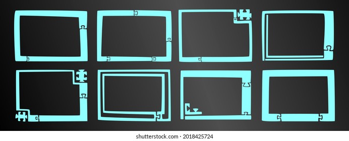 A set of eight unusual blue frames on a black background. Vector illustration.
