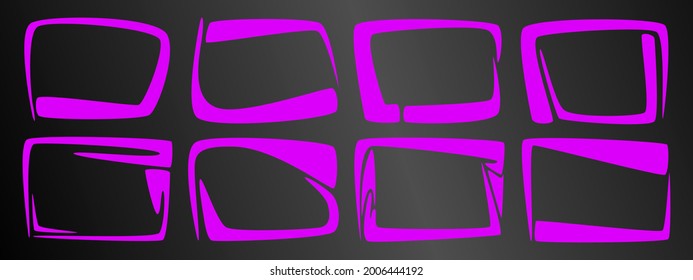 A set of eight unusual frames of fiolet color on a black background. Vector illustration.