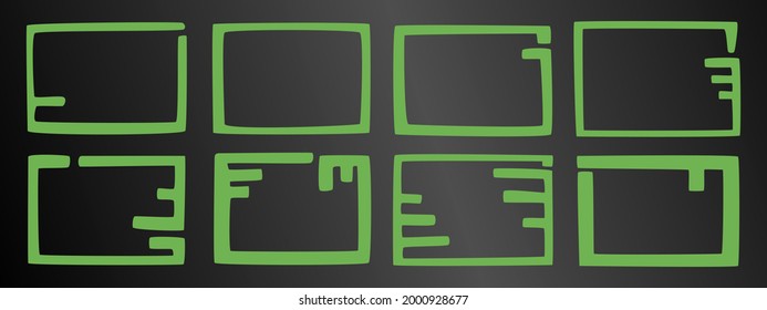 Un conjunto de ocho marcos inusuales en verde sobre un fondo negro. Ilustración vectorial.