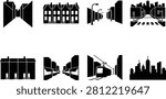A set of eight urban silhouettes including alleyway, townhouses, street with lampposts, city intersection, attached houses, storefronts, tram, and skyscraper skyline. Perfect for architectural projects, city planning, infrastructure design, and creative illustration concepts.