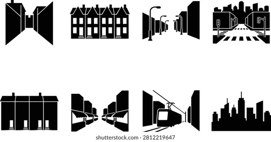 A set of eight urban silhouettes including alleyway, townhouses, street with lampposts, city intersection, attached houses, storefronts, tram, and skyscraper skyline. Perfect for architectural projects, city planning, infrastructure design, and creative illustration concepts.