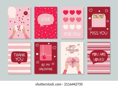 Set of eight Valentine's day greeting cards with hand written greeting lettering, gift boxes, female hands, hearts. Happy Valentine's day concept. Hand drawn vector illustration for invitation, poster