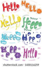 A set of eight variants of the word Hello. Bright, colorful greetings.