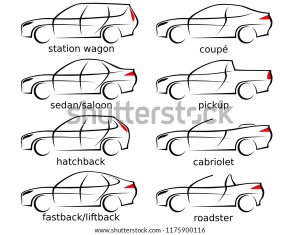 Set of eight various car shapes as a\
vector illustration with modern aerodynamic\
lines