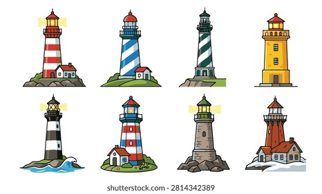 A set of eight various lighthouse vector icon illustrations on a white background