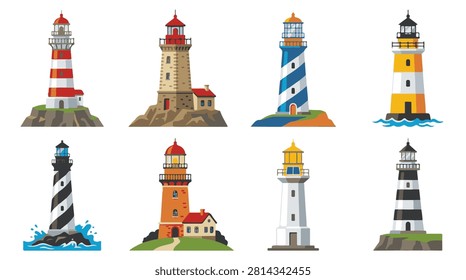 A set of eight various lighthouse vector icon illustrations on a white background