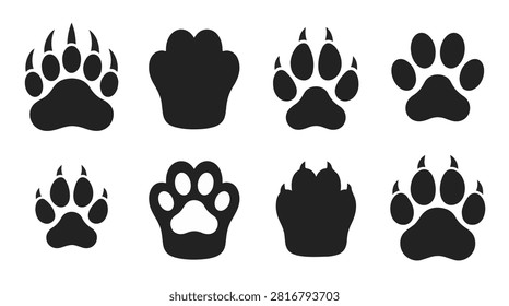 A set of eight various paws silhouette vector icon illustrations on a white background