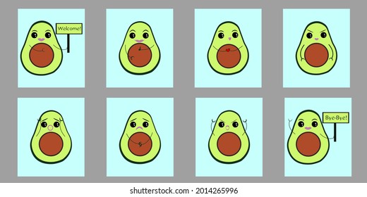 Set of eight vector avocado stickers. Various emotions are depicted, love, anger, farewell, greetings, indifference, fear, sadness. Great print for dishes and clothes. 