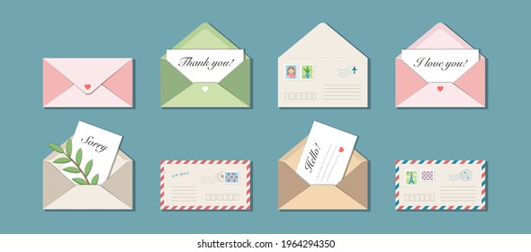 Set of eight vector envelopes with postmarks and postage stamps. Messages Thank you, I love you, Hello, Sorry with olive branch as a symbol of peace inside. Pastel colours. Isolated on blue background