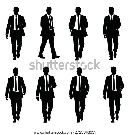 Set of eight vector graphics showing male figures walking forward representing career progress and motion.