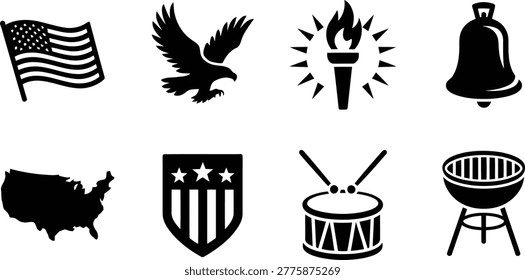 A set of eight vector icons featuring the United States flag, eagle, torch, bell, map, shield, drum, and a outdoor charcoal grill.