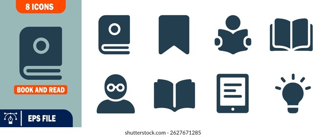 Set of Eight Vector Icons Related to Books, Reading, and Knowledge